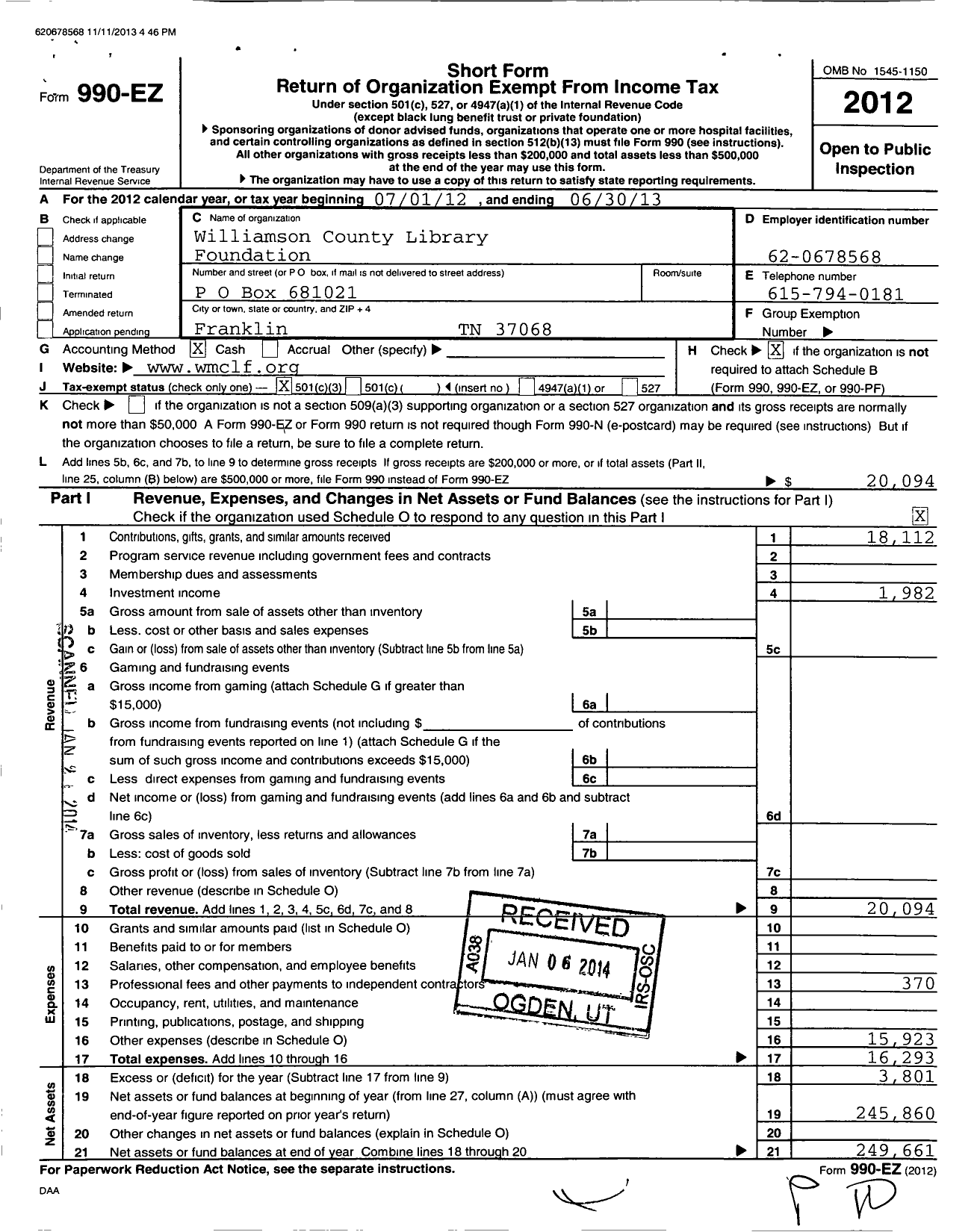 Image of first page of 2012 Form 990EZ for Williamson County Library Foundation