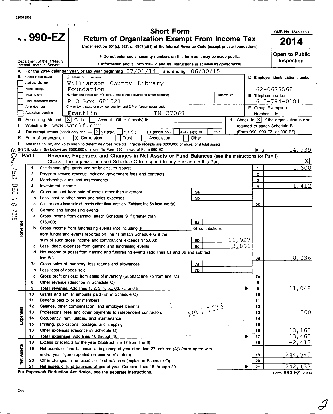 Image of first page of 2014 Form 990EZ for Williamson County Library Foundation