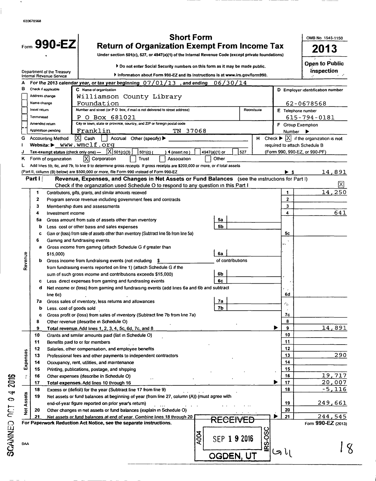 Image of first page of 2013 Form 990EZ for Williamson County Library Foundation