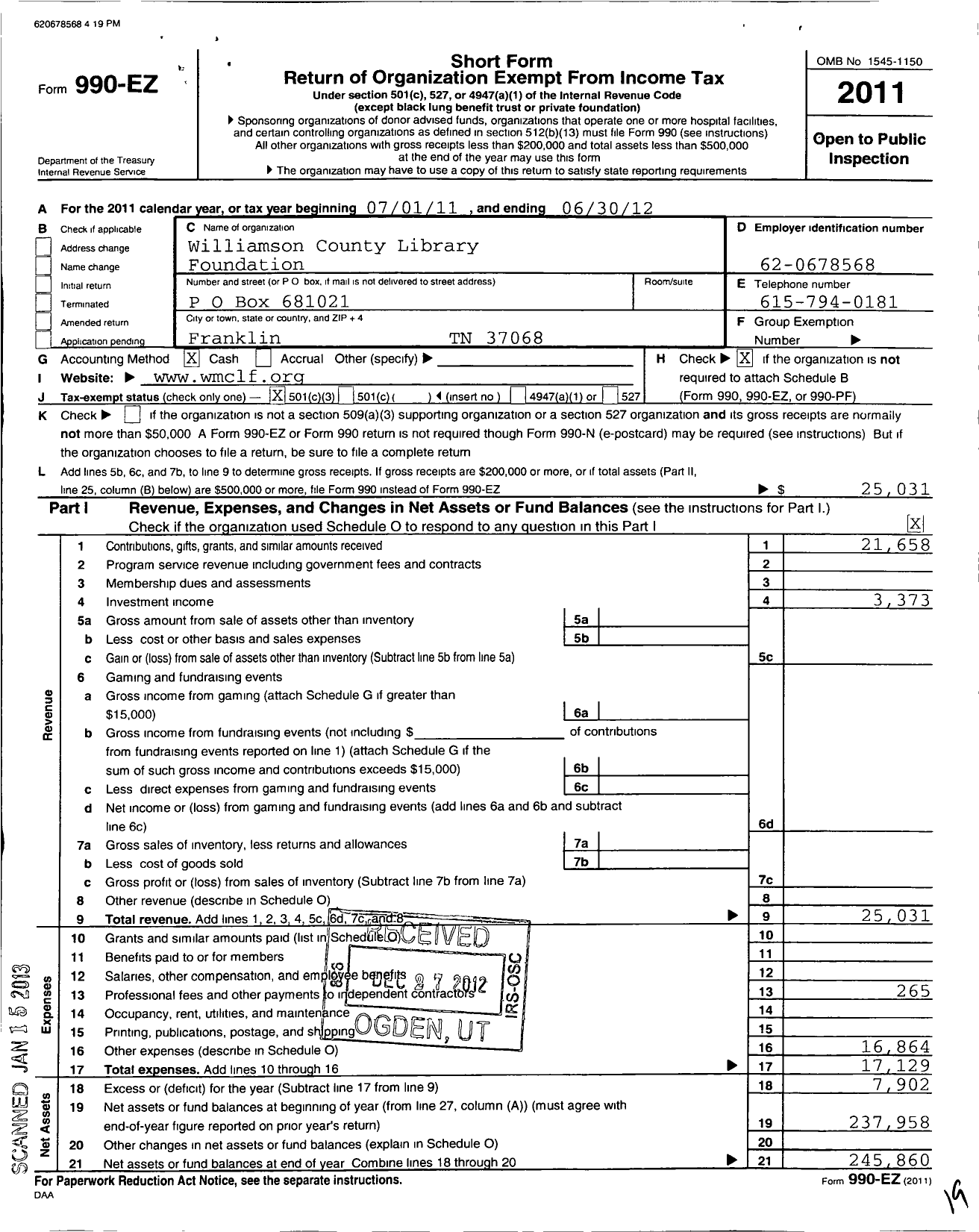 Image of first page of 2011 Form 990EZ for Williamson County Library Foundation