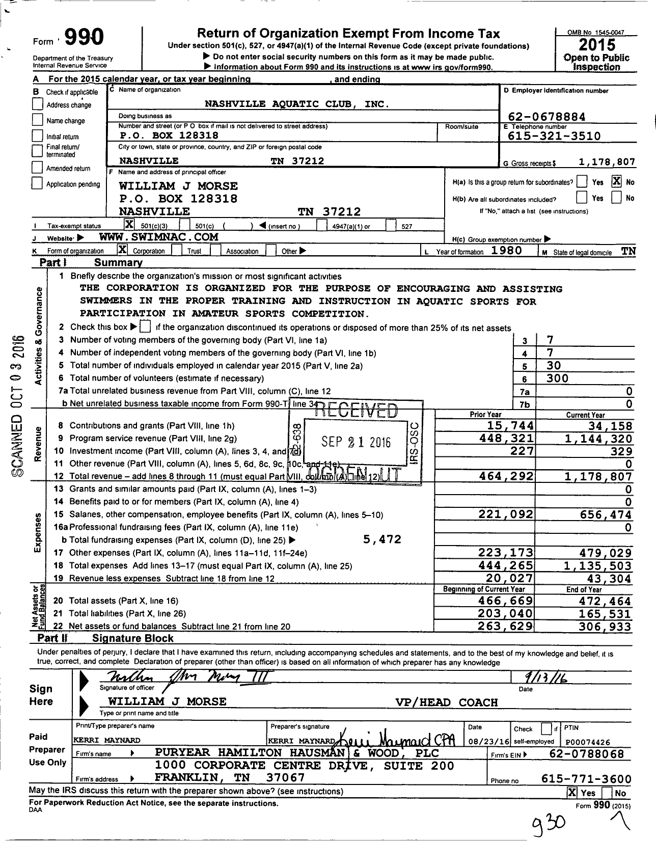 Image of first page of 2015 Form 990 for Nashville Aquatic Club