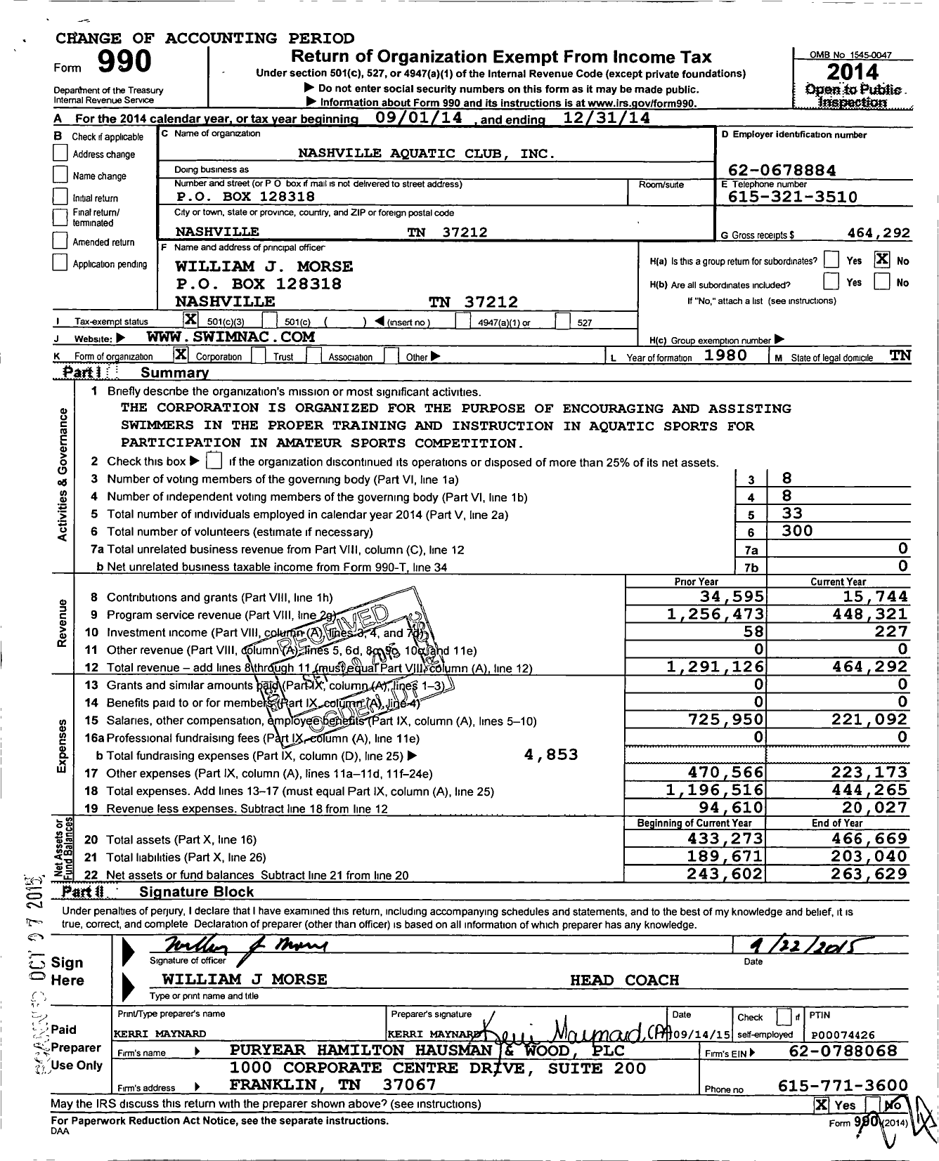 Image of first page of 2014 Form 990 for Nashville Aquatic Club