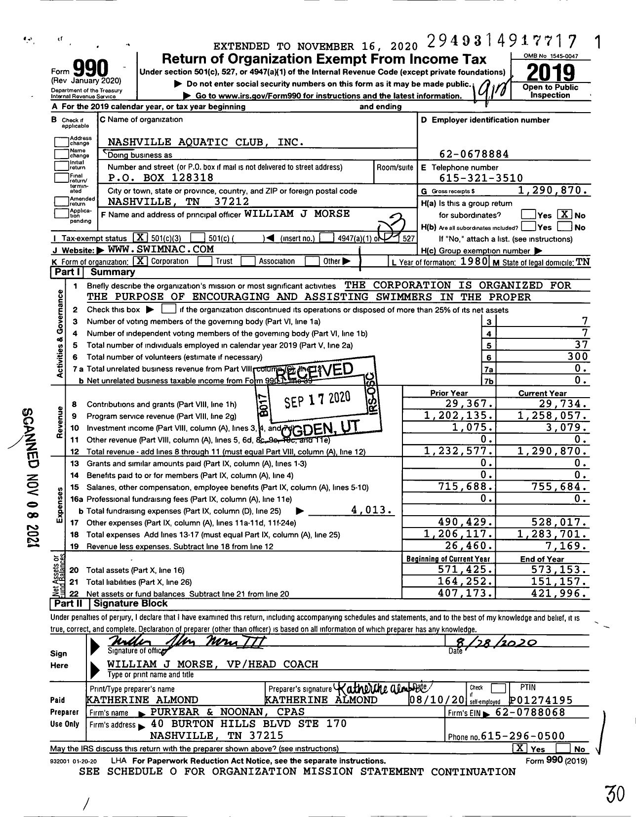 Image of first page of 2019 Form 990 for Nashville Aquatic Club
