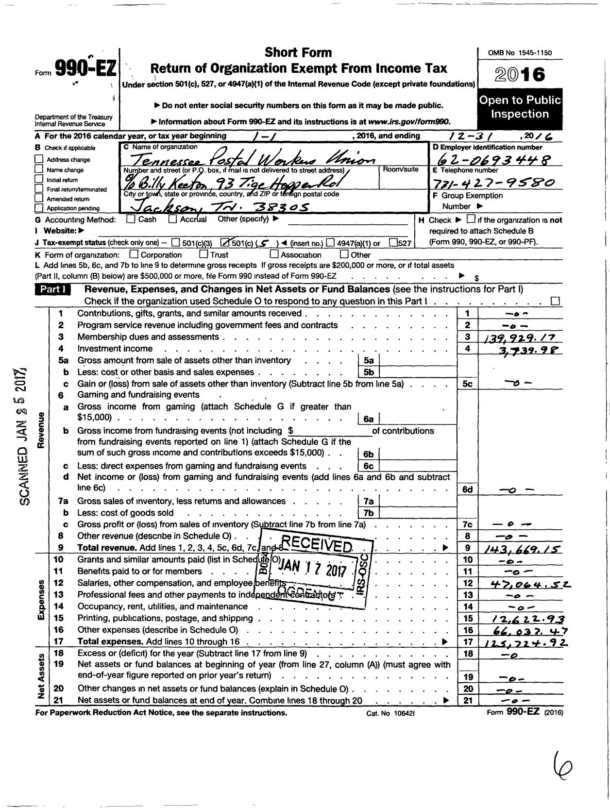 Image of first page of 2016 Form 990EO for American Postal Workers Union - Tennessee Postal Workers Union