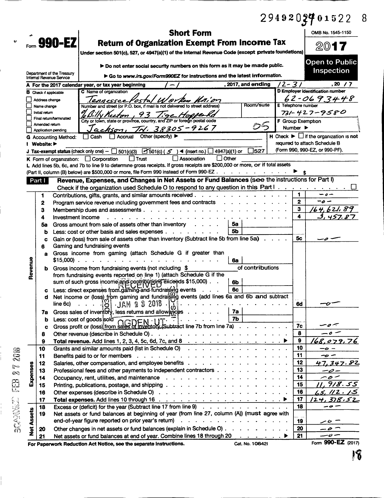 Image of first page of 2017 Form 990EO for American Postal Workers Union - Tennessee Postal Workers Union