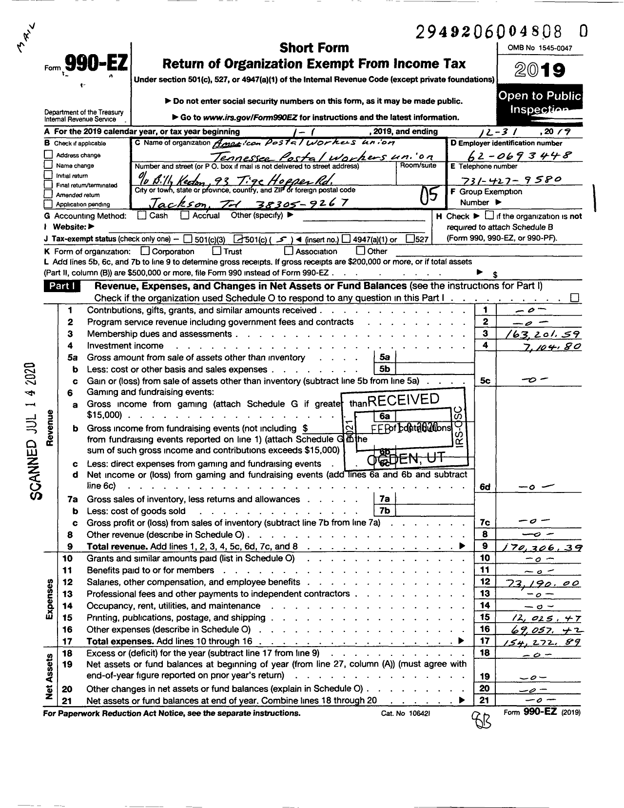 Image of first page of 2019 Form 990EO for American Postal Workers Union - Tennessee Postal Workers Union