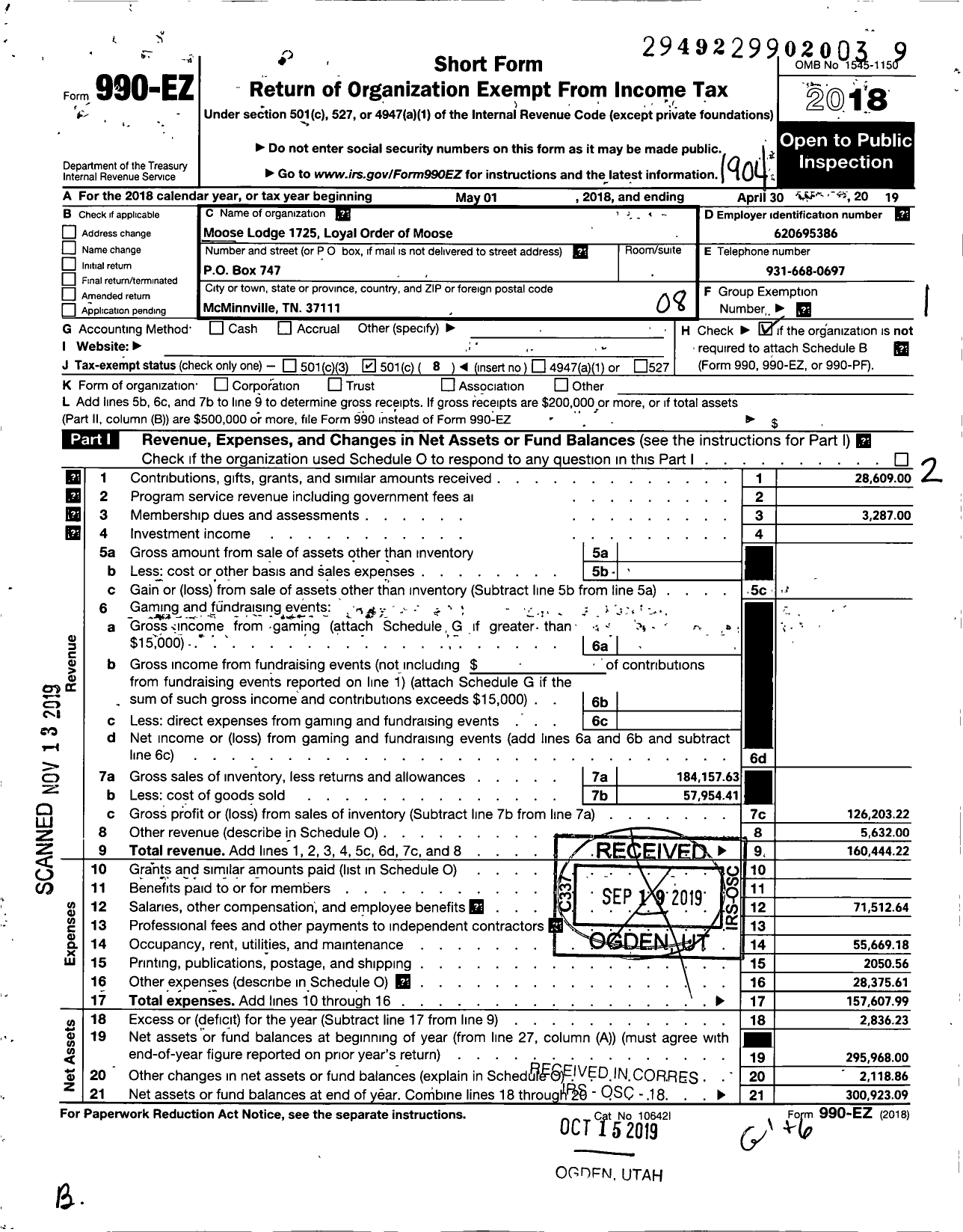 Image of first page of 2018 Form 990EO for Loyal Order of Moose - 1725