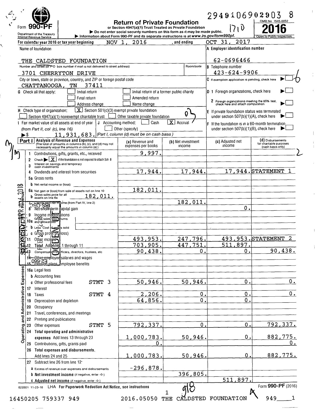 Image of first page of 2016 Form 990PF for The Caldsted Foundation