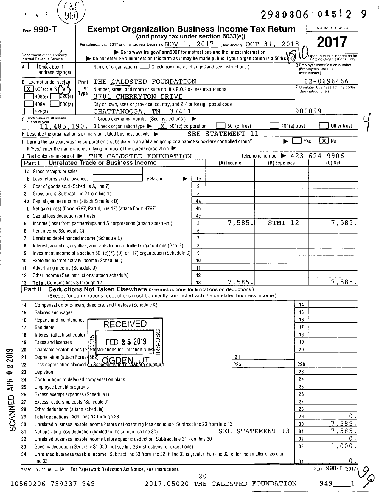 Image of first page of 2017 Form 990T for The Caldsted Foundation