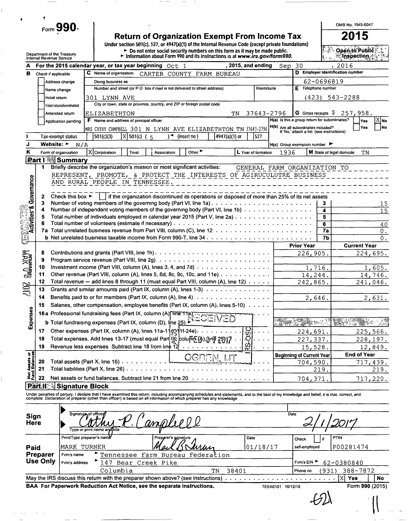 Image of first page of 2015 Form 990O for Carter County Farm Bureau