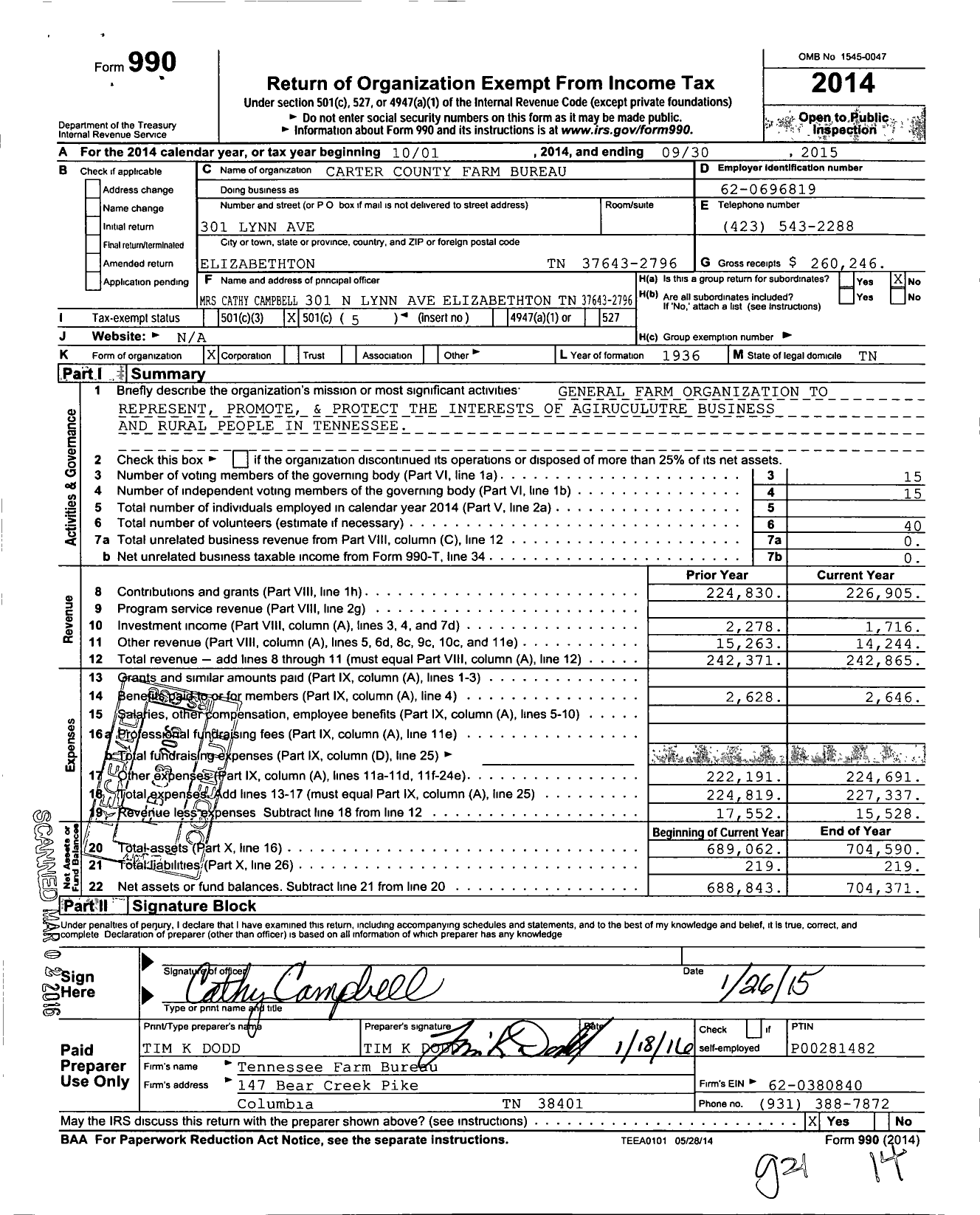 Image of first page of 2014 Form 990O for Carter County Farm Bureau