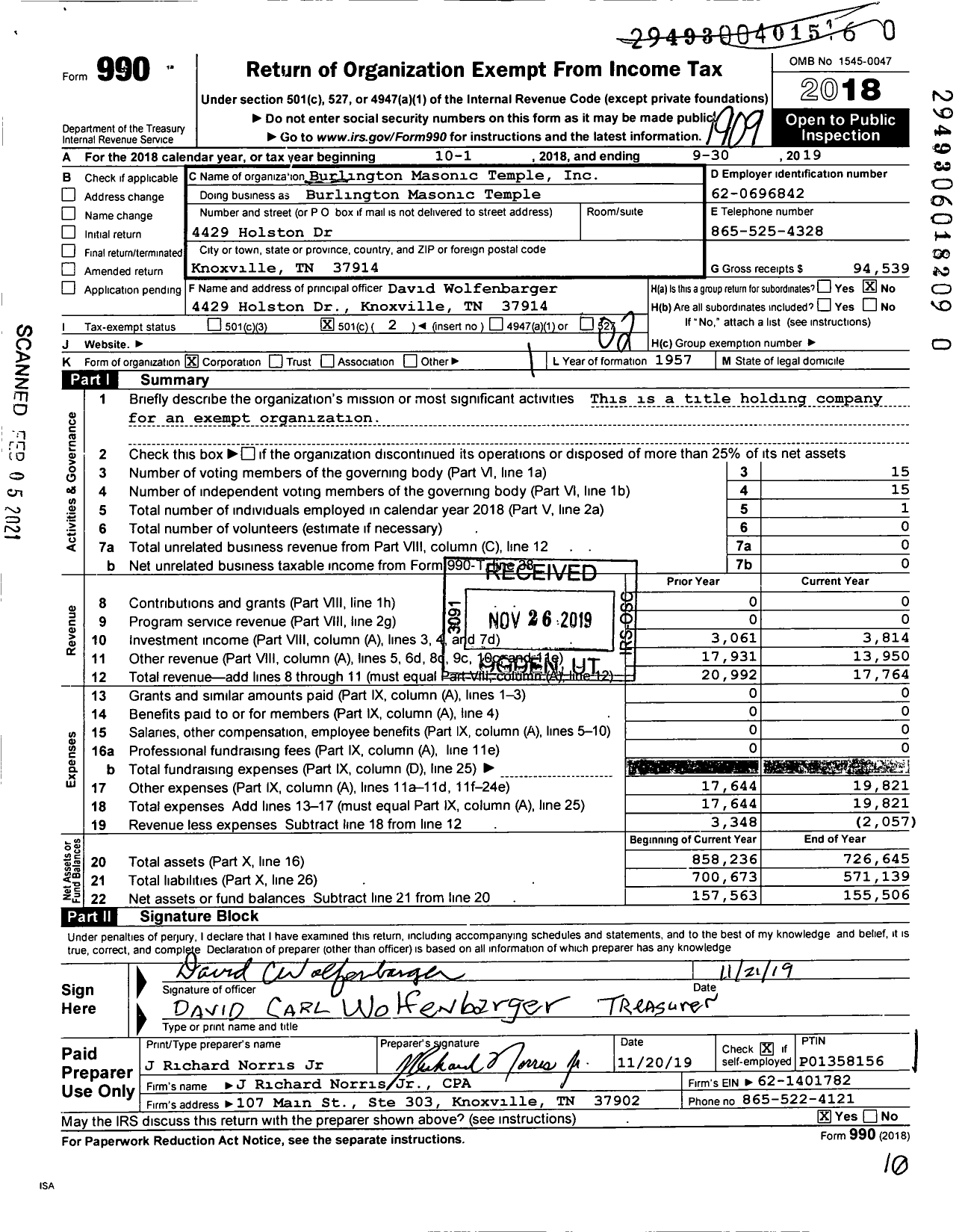 Image of first page of 2018 Form 990O for Burlington Masonic Temple