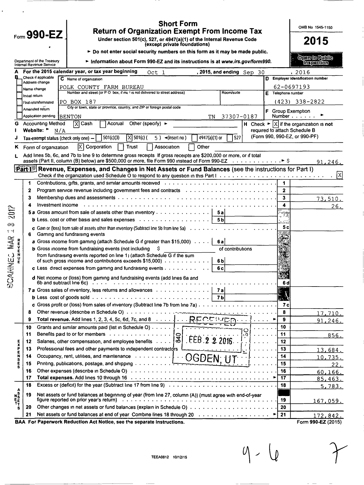 Image of first page of 2015 Form 990EO for Polk County Farm Bureau