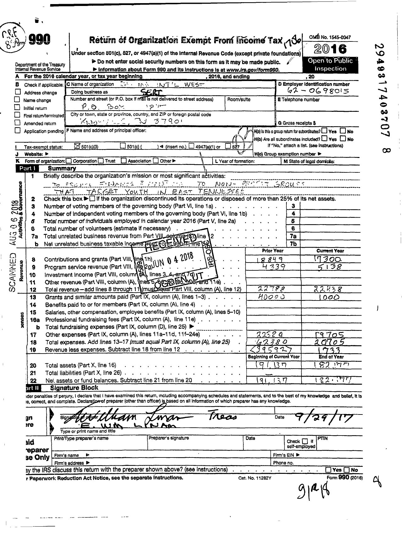 Image of first page of 2016 Form 990 for Sertoma - 10482 West Knoxville Sertoma Club