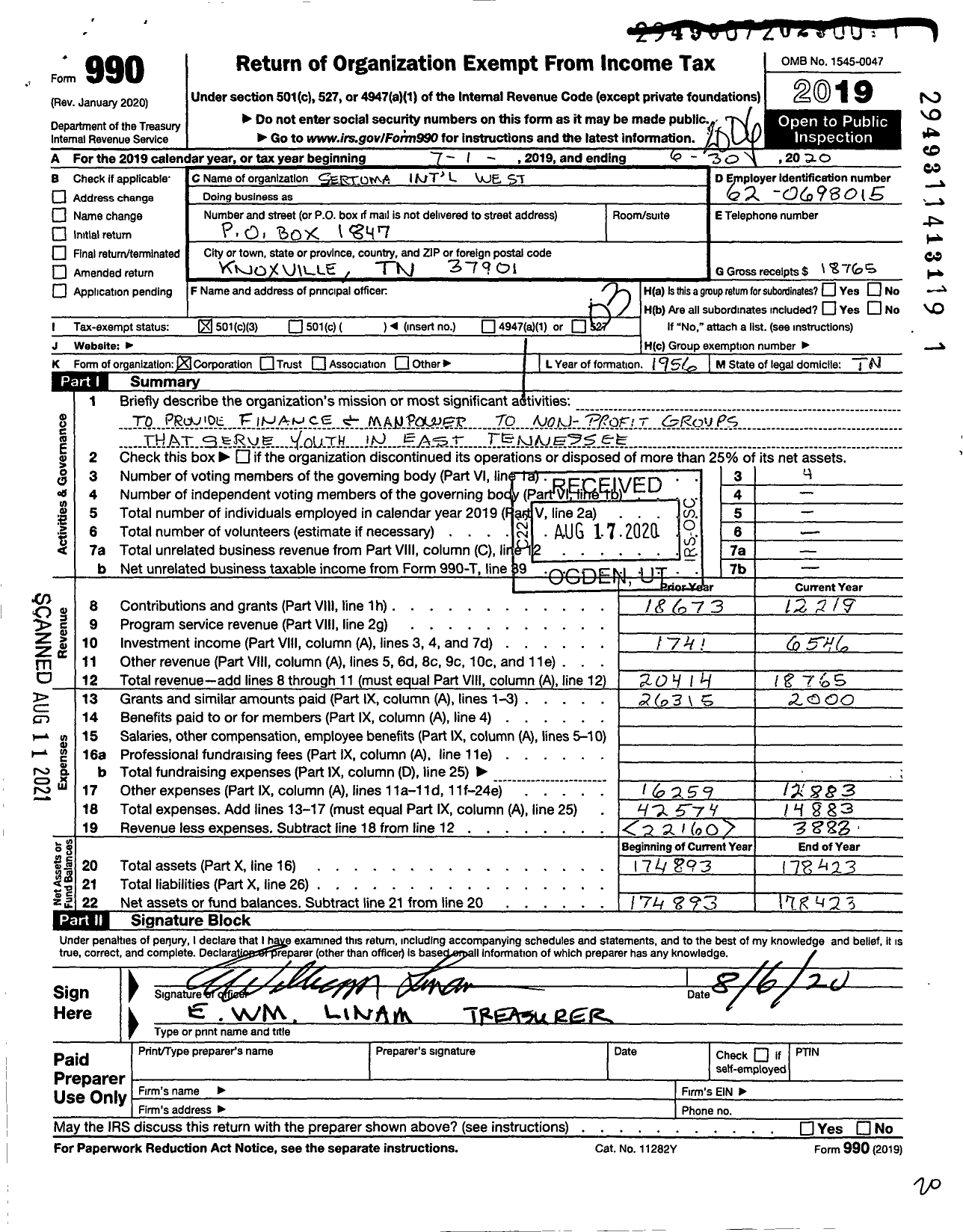 Image of first page of 2019 Form 990 for Sertoma - 10482 West Knoxville Sertoma Club