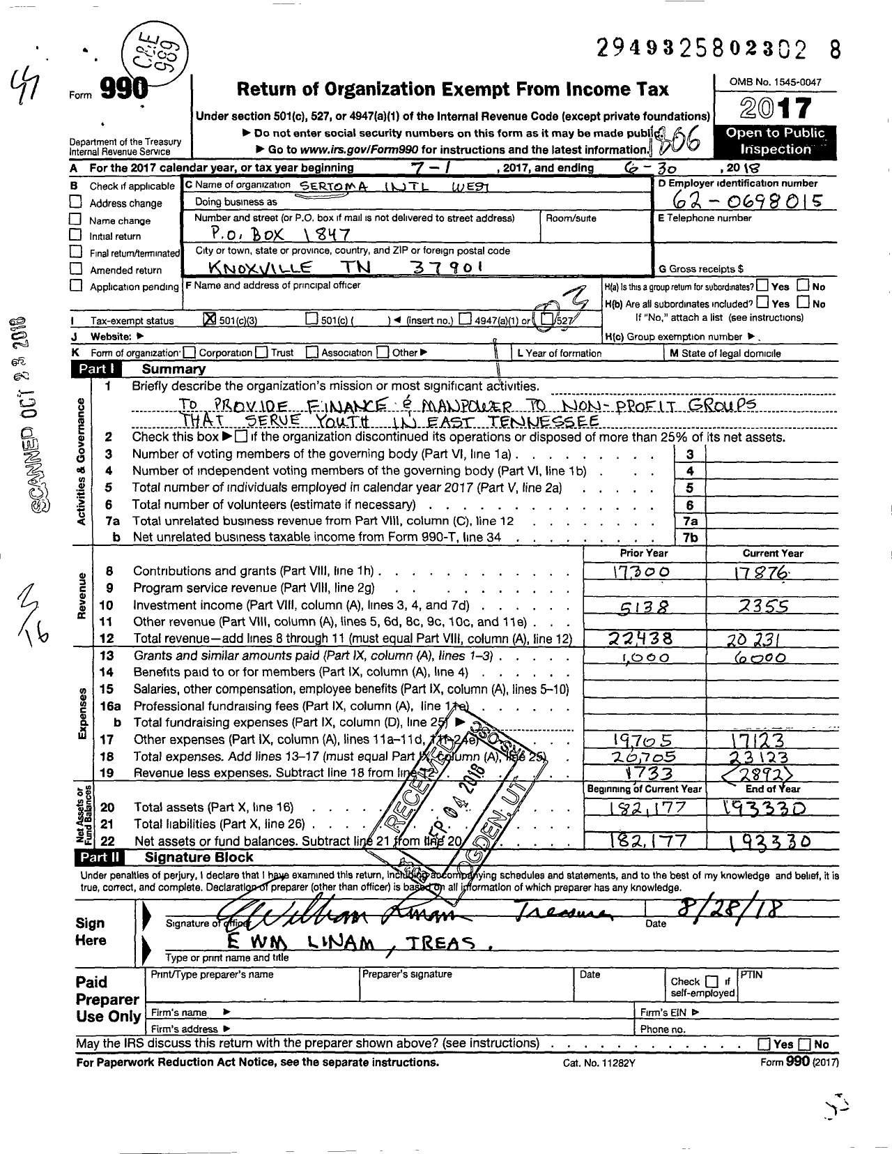 Image of first page of 2017 Form 990 for Sertoma - 10482 West Knoxville Sertoma Club