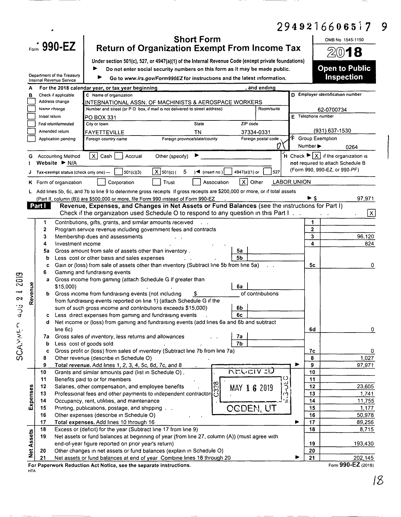 Image of first page of 2018 Form 990EO for International Association of Machinists and Aerospace Workers - 2385