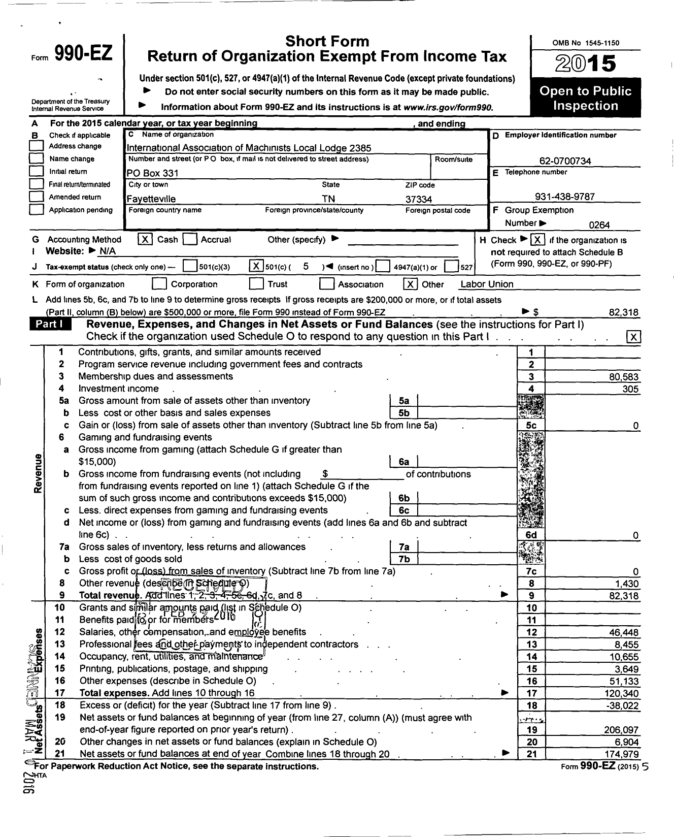 Image of first page of 2015 Form 990EO for International Association of Machinists and Aerospace Workers - 2385