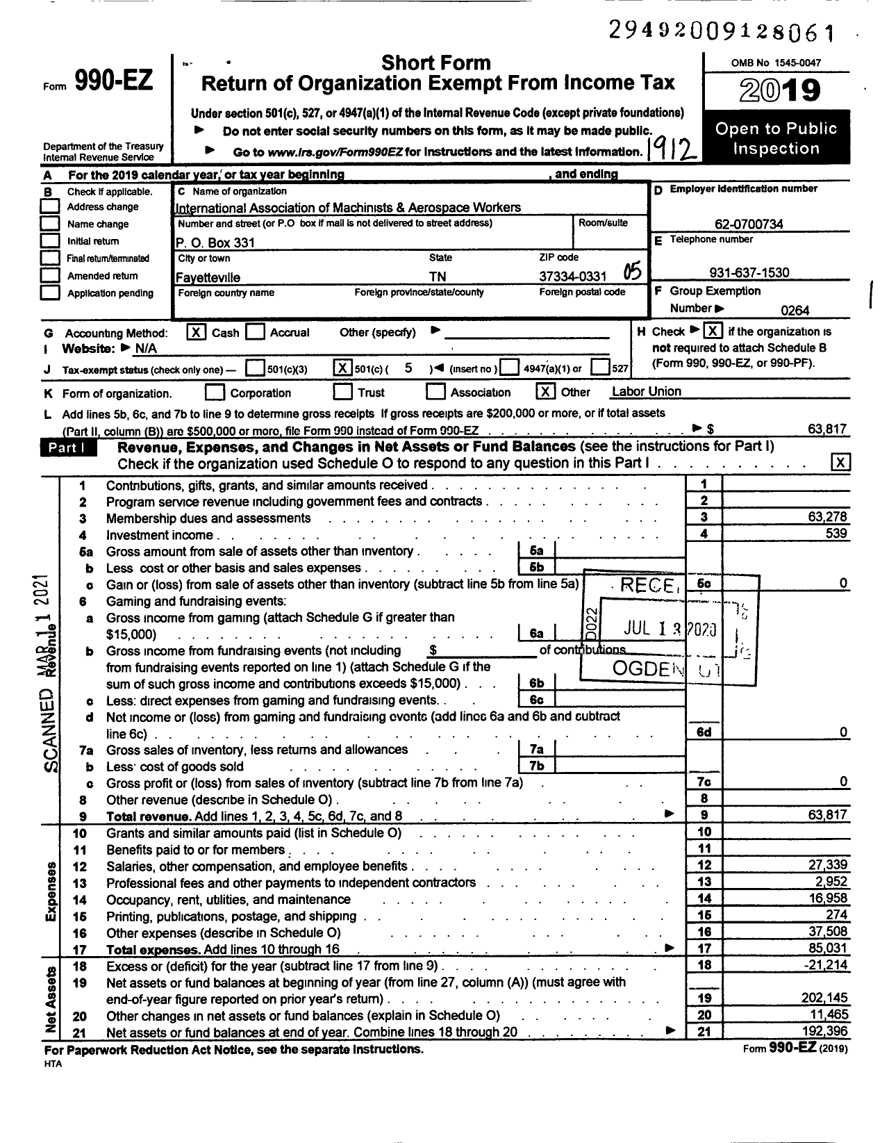 Image of first page of 2019 Form 990EO for International Association of Machinists and Aerospace Workers - 2385