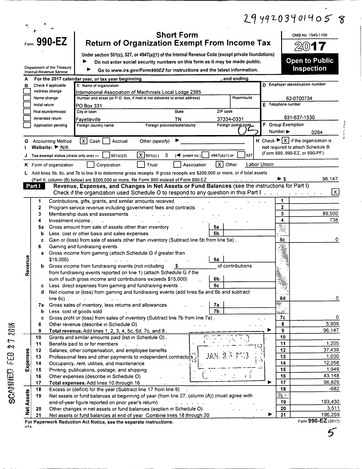 Image of first page of 2017 Form 990EO for International Association of Machinists and Aerospace Workers - 2385