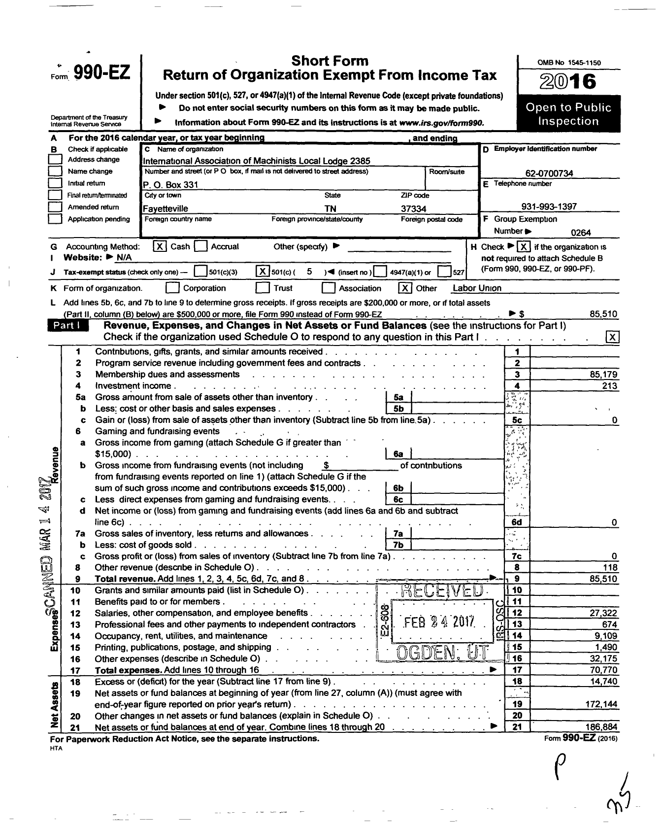 Image of first page of 2016 Form 990EO for International Association of Machinists and Aerospace Workers - 2385