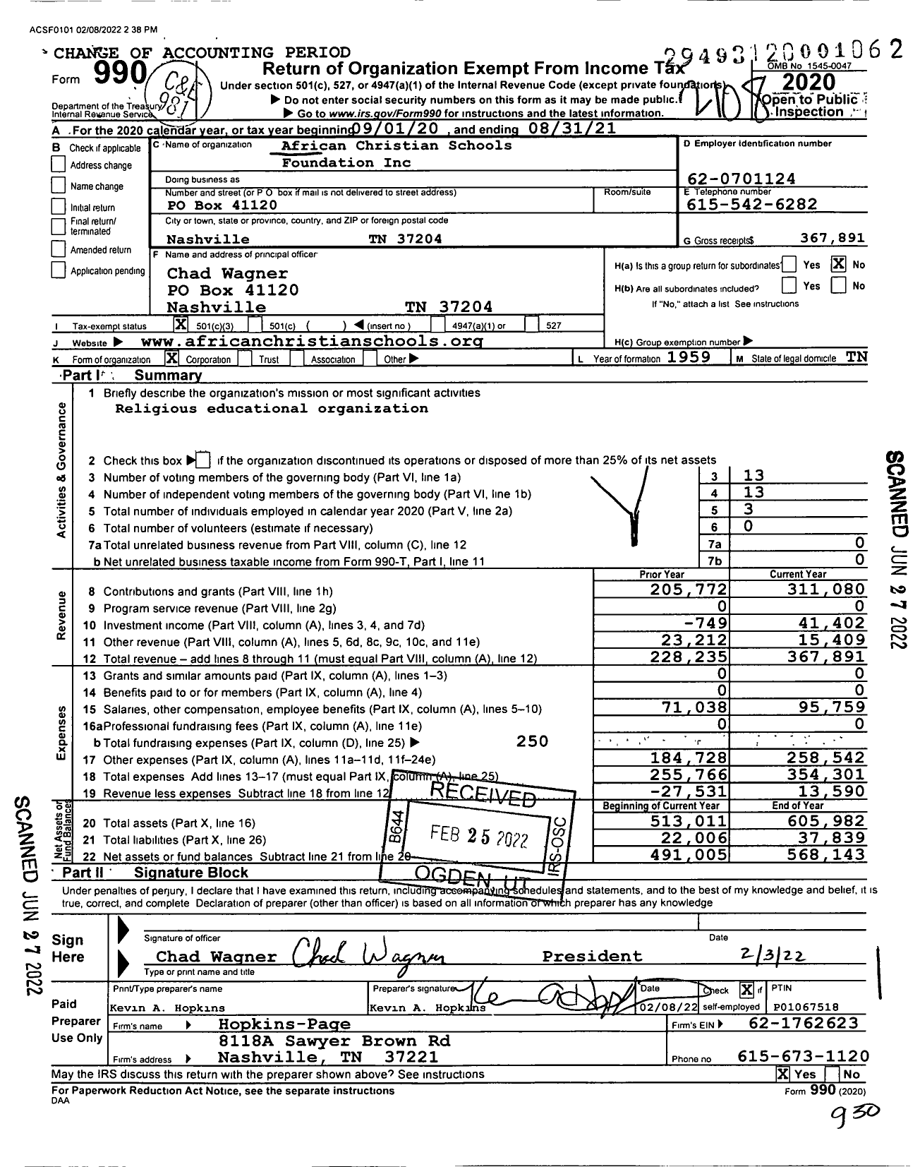 Image of first page of 2020 Form 990 for African Christian Schools Foundation