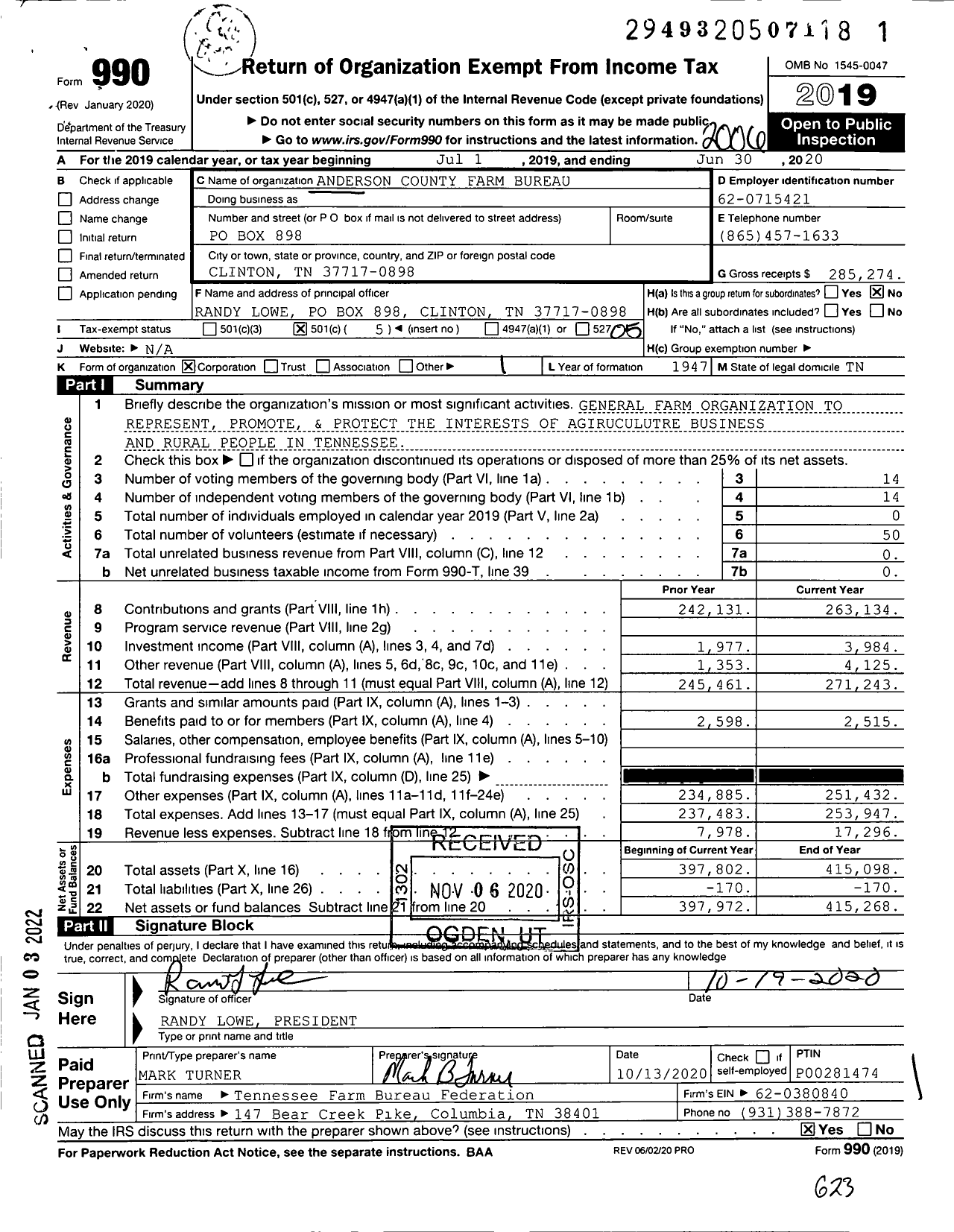 Image of first page of 2019 Form 990O for Anderson County Farm Bureau