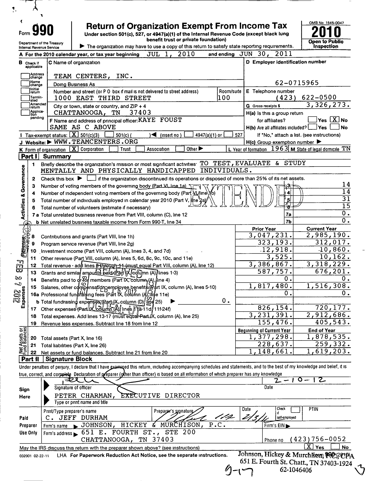 Image of first page of 2010 Form 990 for Team Centers