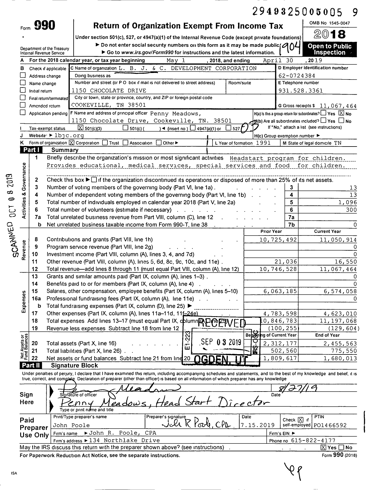 Image of first page of 2018 Form 990 for L B J and C Development Corporation