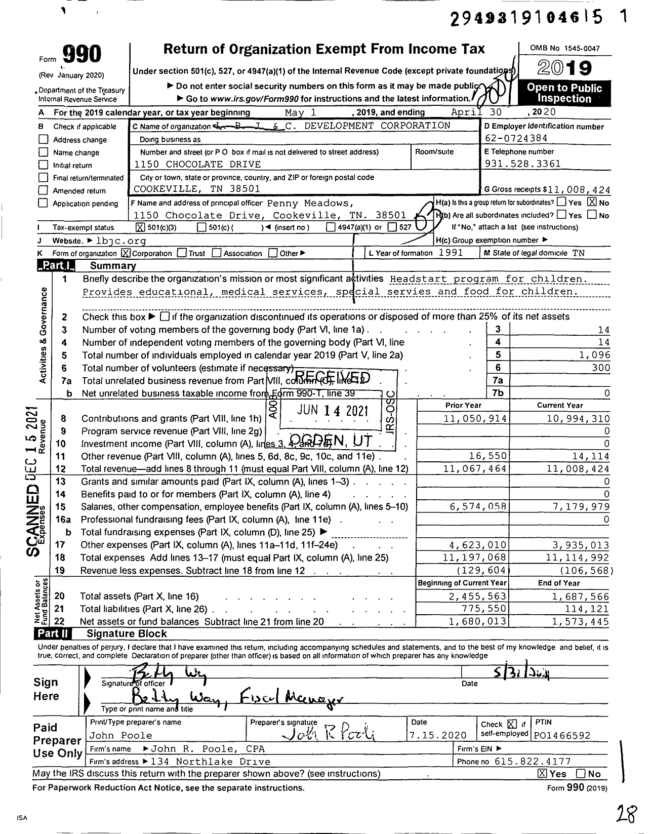 Image of first page of 2019 Form 990 for L B J and C Development Corporation