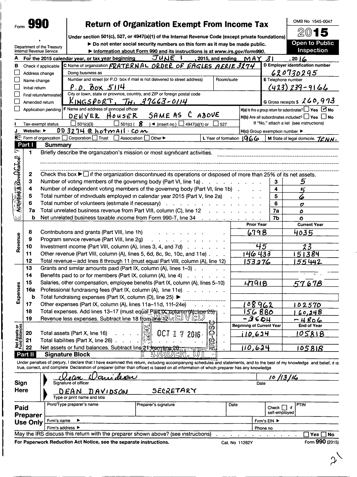 Image of first page of 2015 Form 990O for Fraternal Order of Eagles Aerie 3274