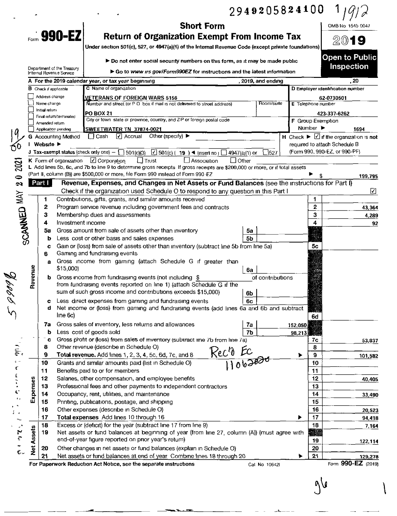 Image of first page of 2019 Form 990EO for Veterans of Foreign Wars of the United States Dept of Tennessee - 5156 Sweetwater Gold Star Post