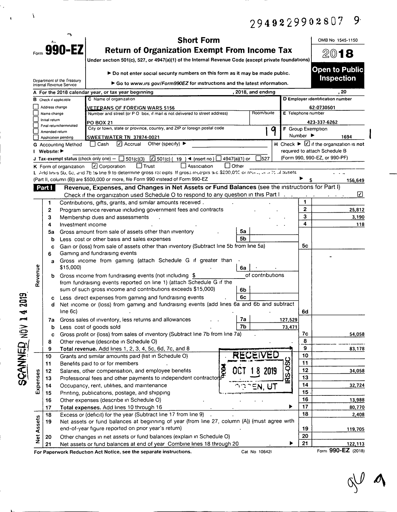 Image of first page of 2018 Form 990EO for Veterans of Foreign Wars of the United States Dept of Tennessee - 5156 Sweetwater Gold Star Post