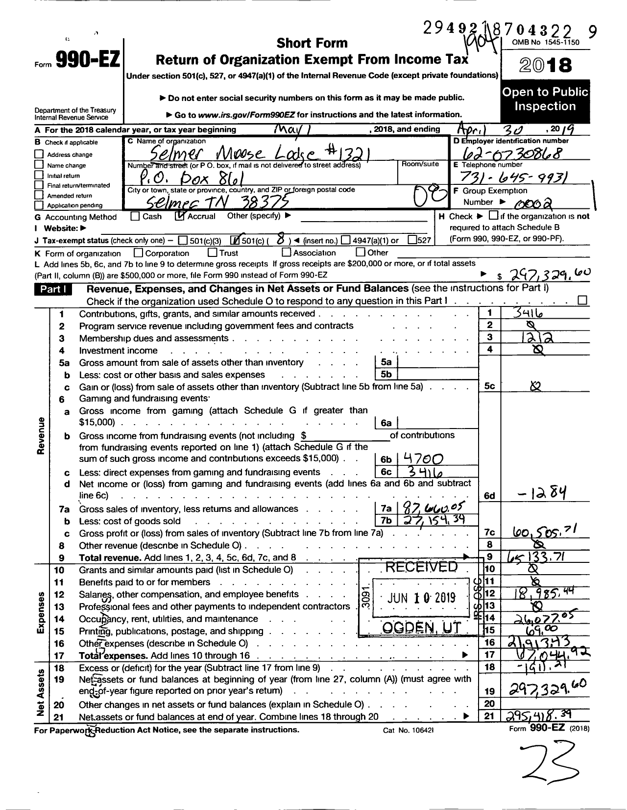 Image of first page of 2018 Form 990EO for Loyal Order of Moose - 1321