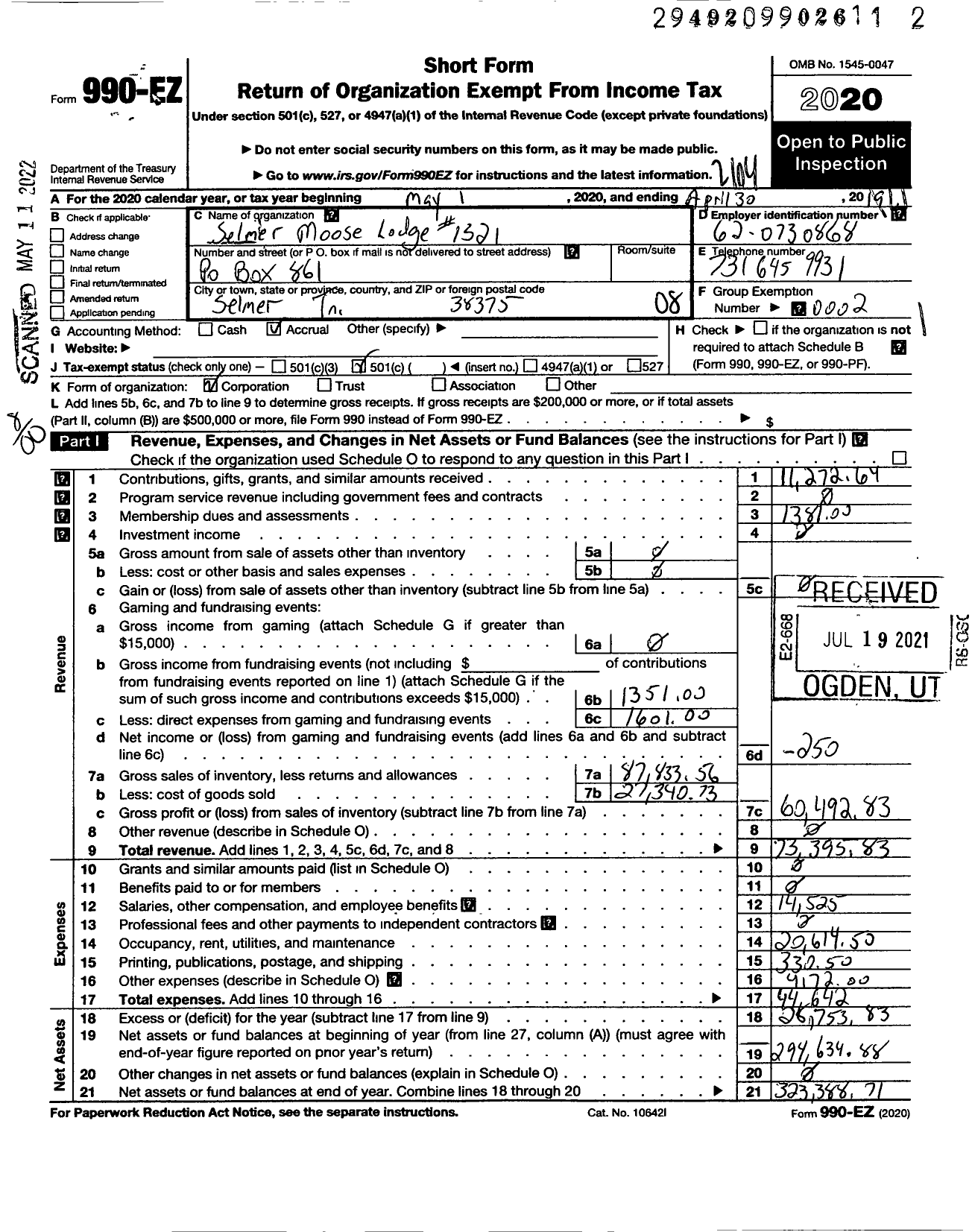 Image of first page of 2020 Form 990EO for Loyal Order of Moose - 1321