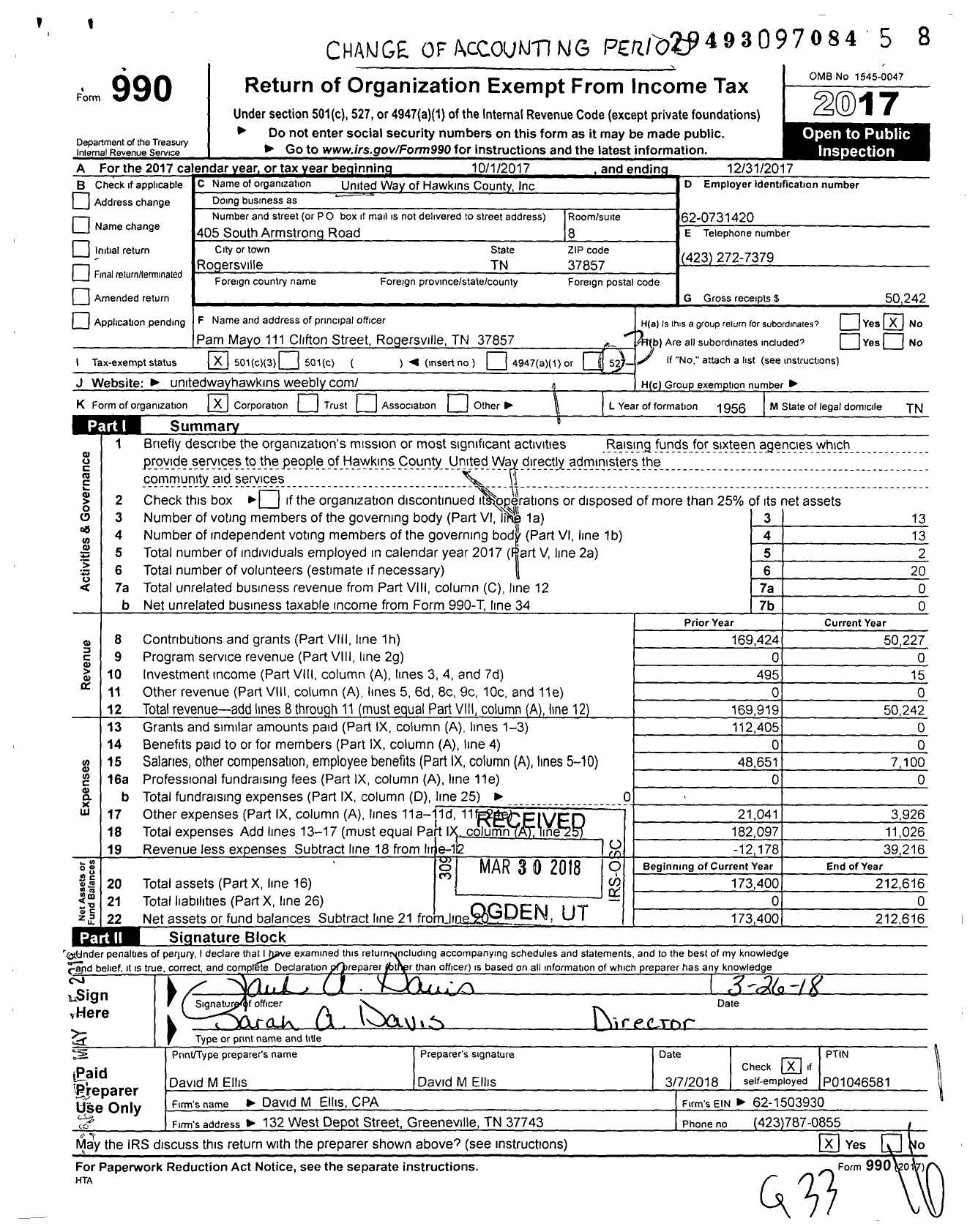Image of first page of 2017 Form 990 for United Way of Hawkins County