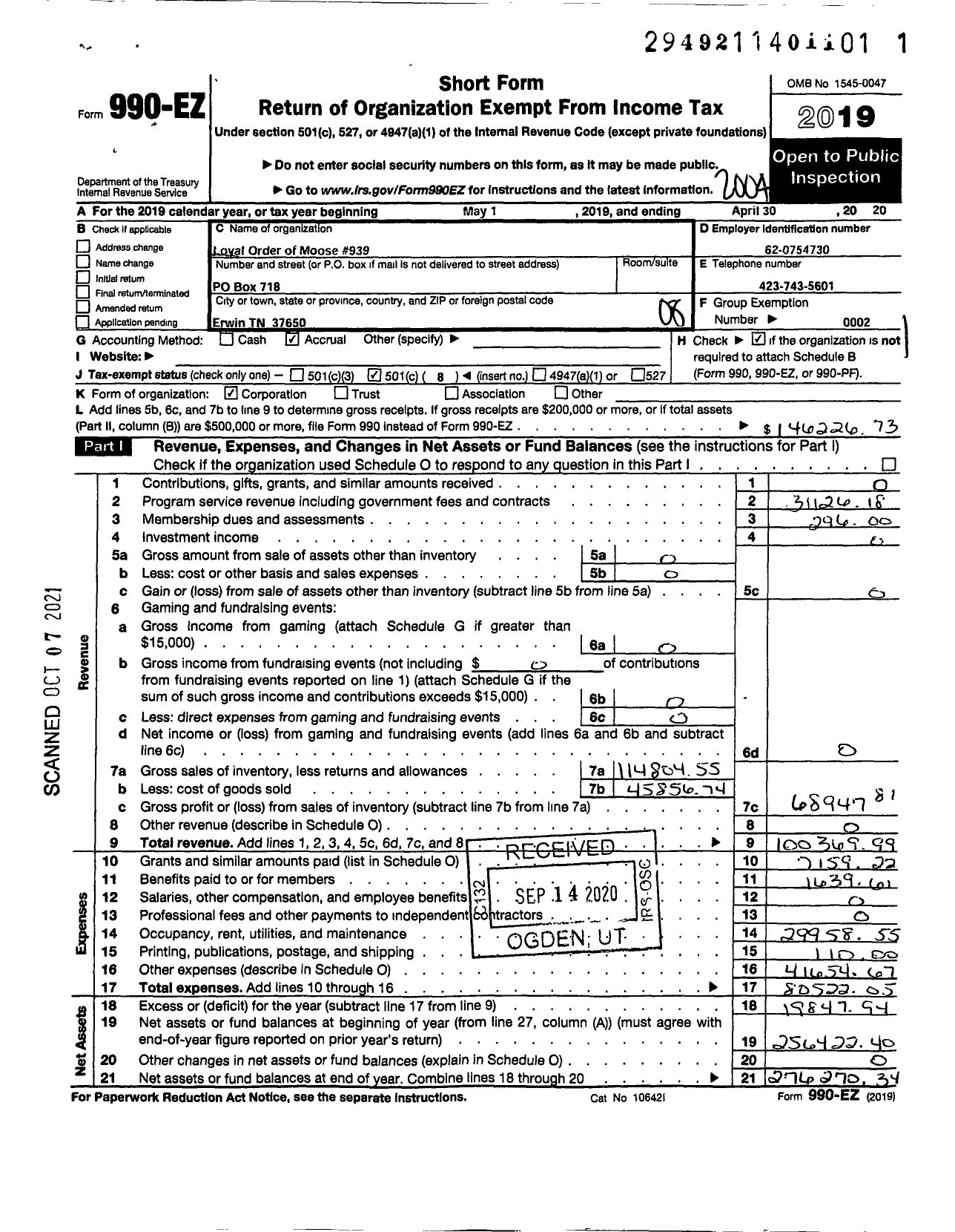 Image of first page of 2019 Form 990EO for Loyal Order of Moose - 939