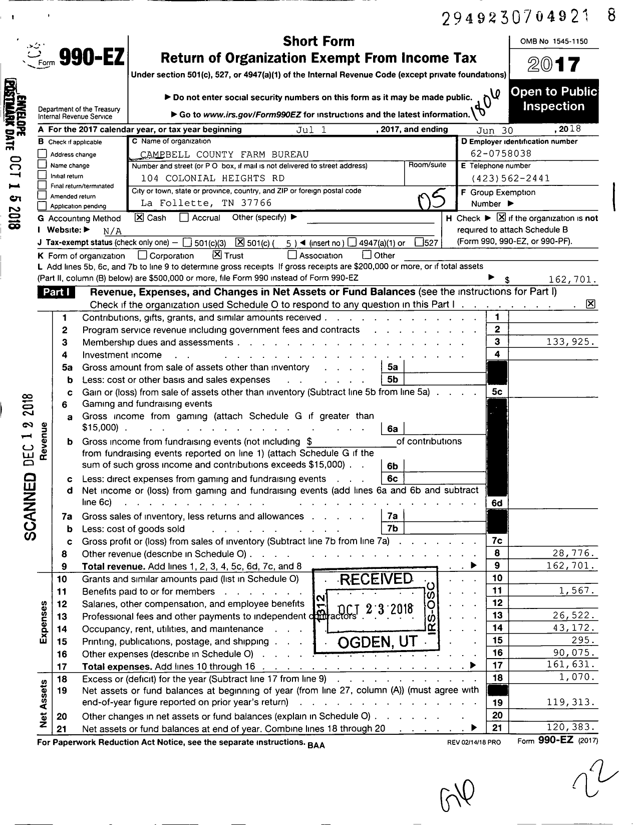 Image of first page of 2017 Form 990EO for Campbell County Farm Bureau