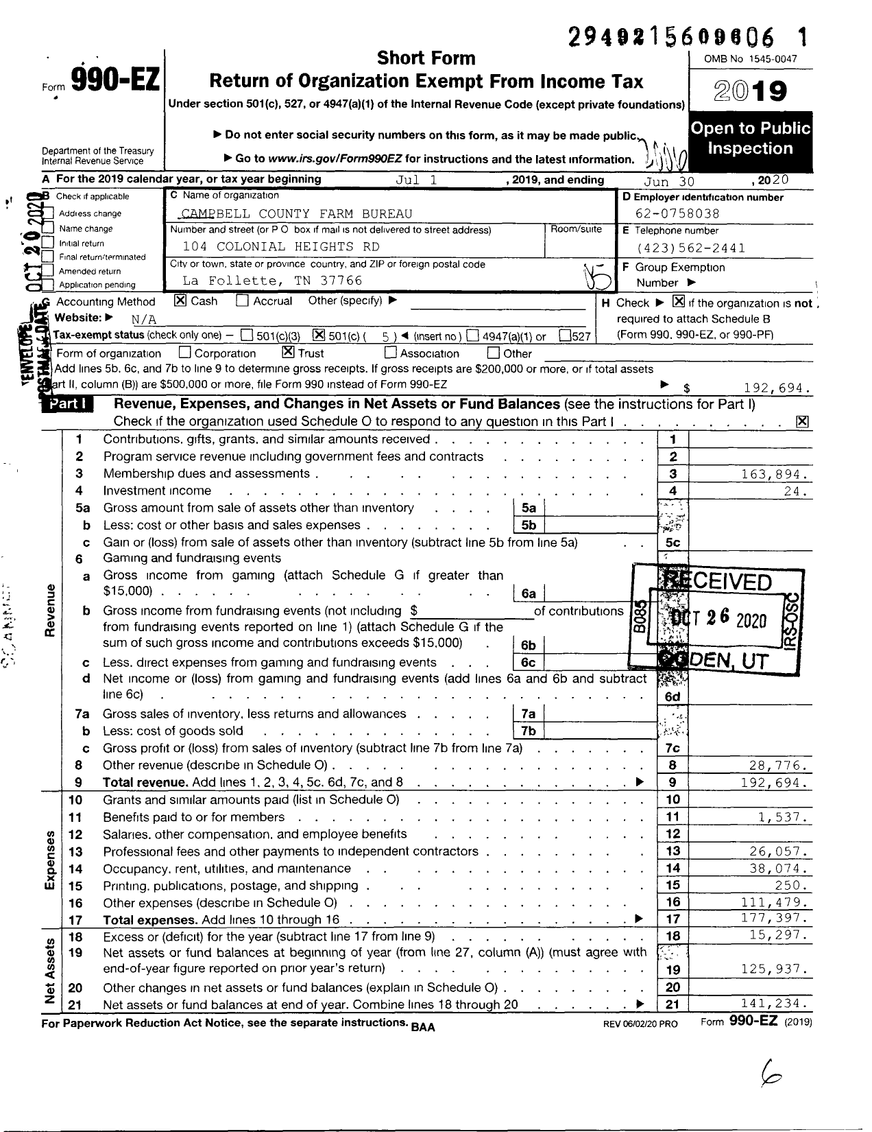 Image of first page of 2019 Form 990EO for Campbell County Farm Bureau