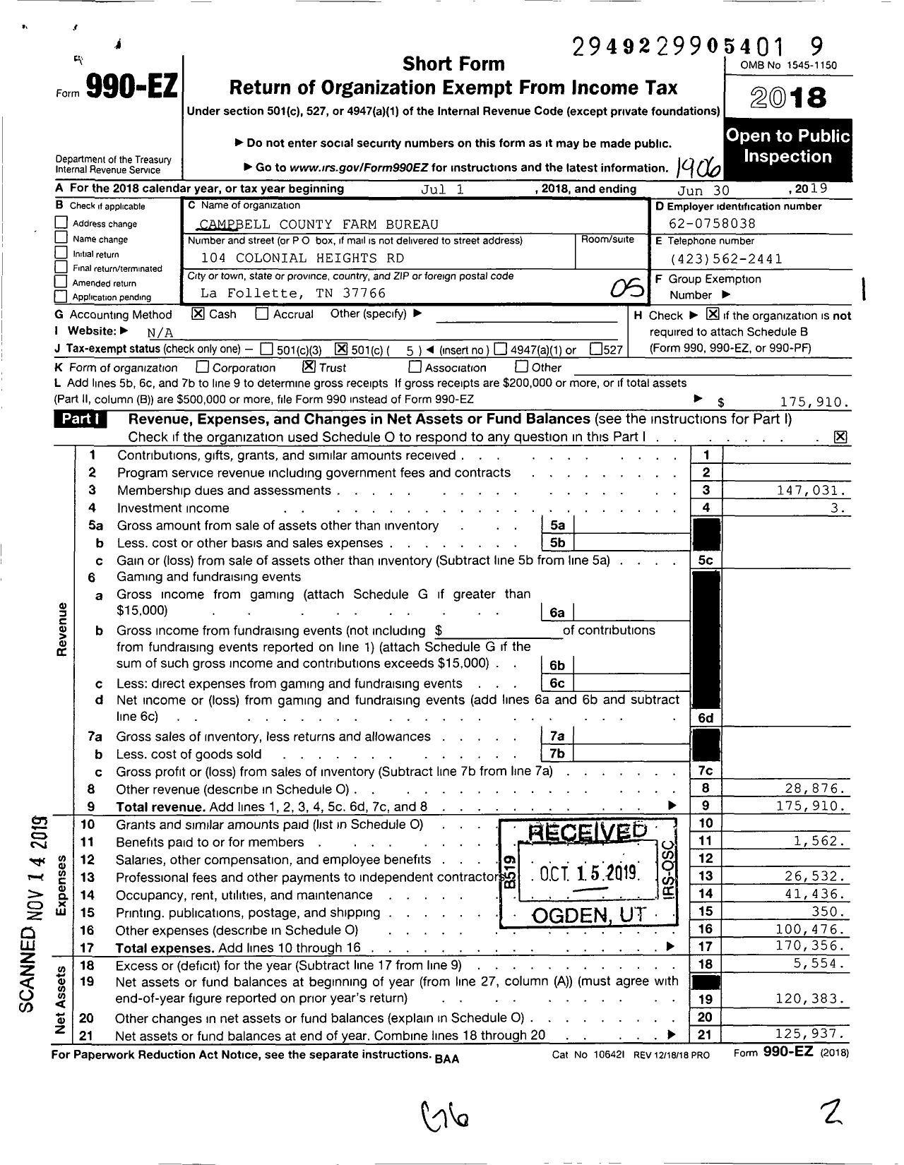 Image of first page of 2018 Form 990EO for Campbell County Farm Bureau