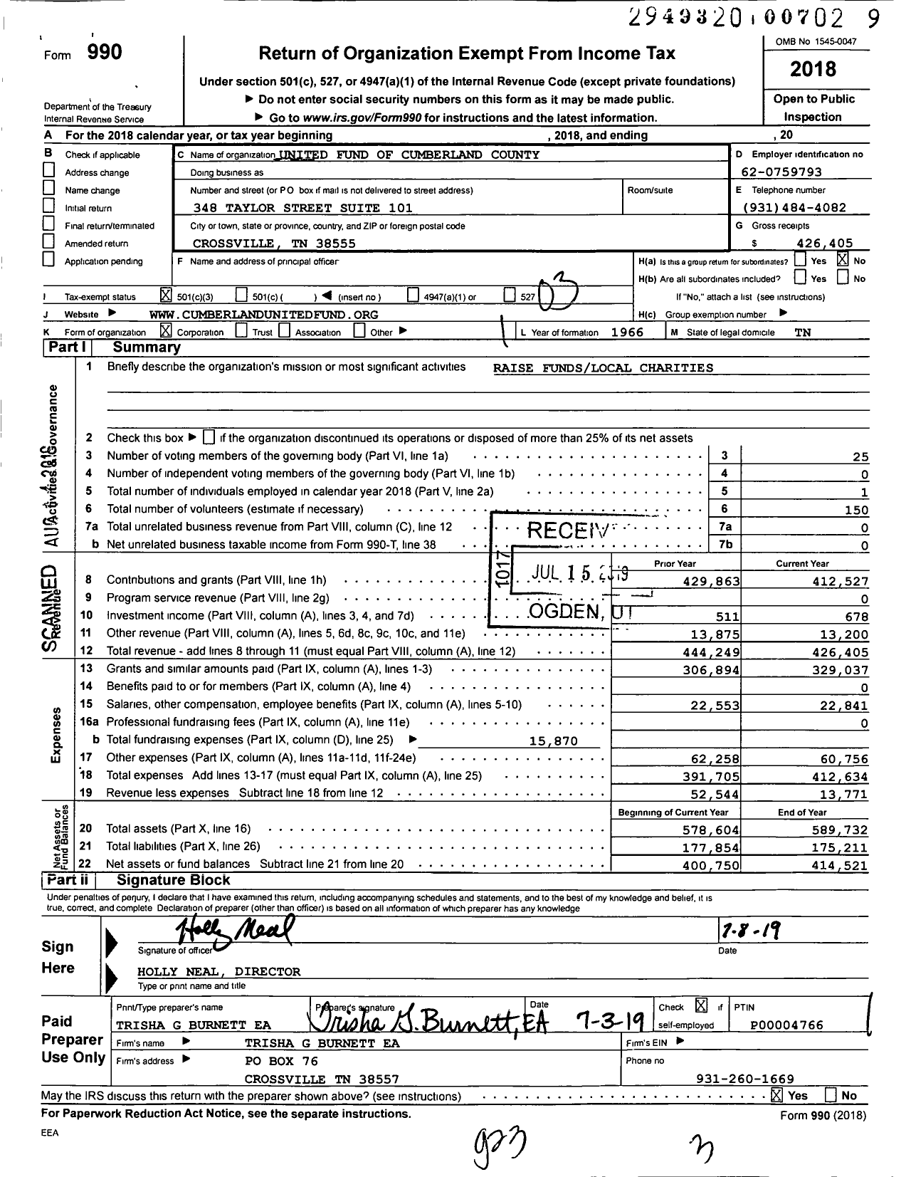Image of first page of 2018 Form 990 for United Fund of Cumberland County