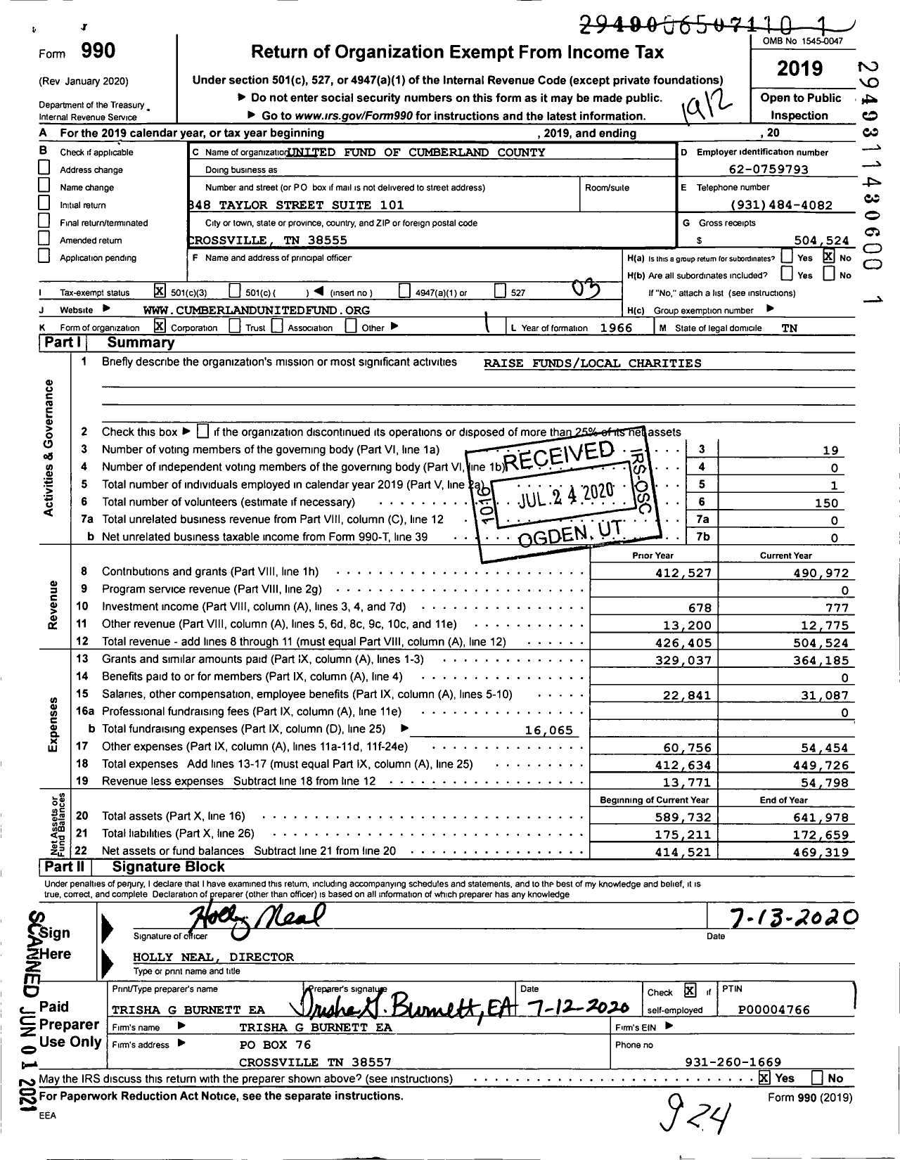 Image of first page of 2019 Form 990 for United Fund of Cumberland County