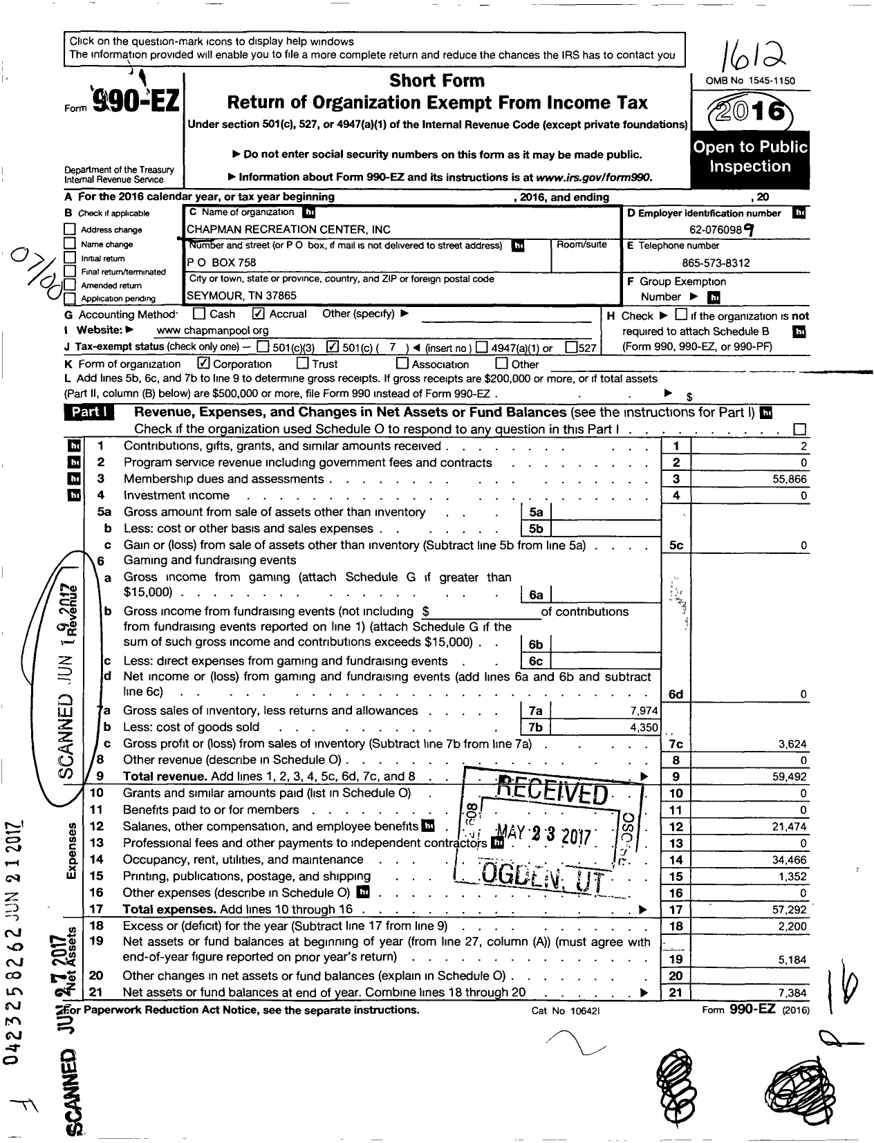 Image of first page of 2016 Form 990EO for Chapman Recreation Center