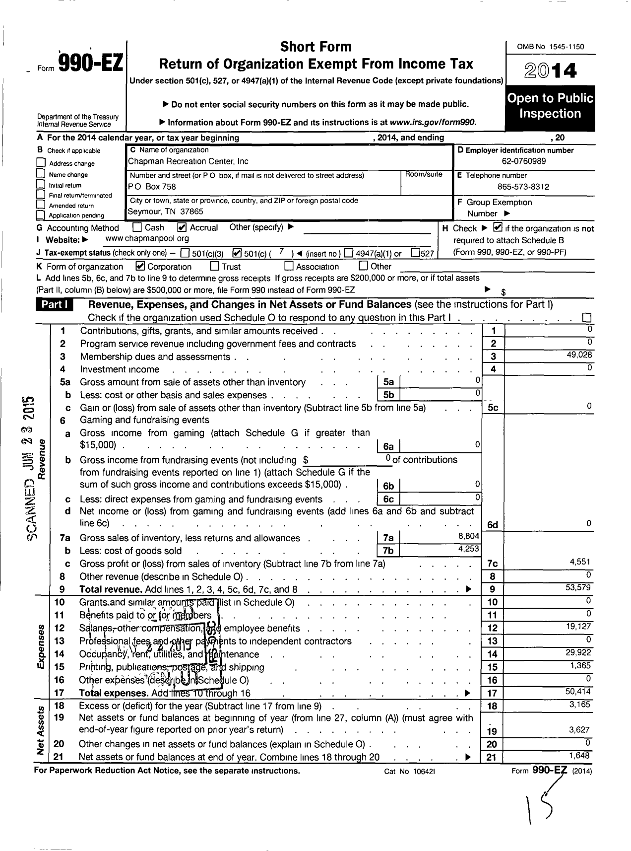 Image of first page of 2014 Form 990EO for Chapman Recreation Center