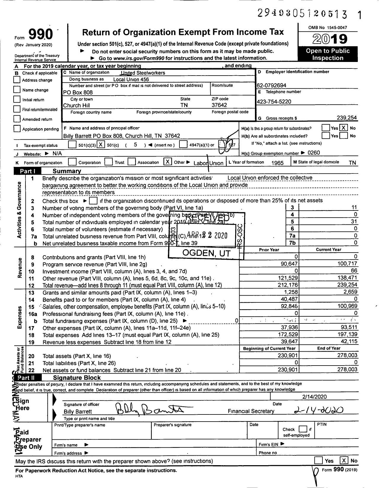 Image of first page of 2019 Form 990O for United Steelworkers - Local Union 456