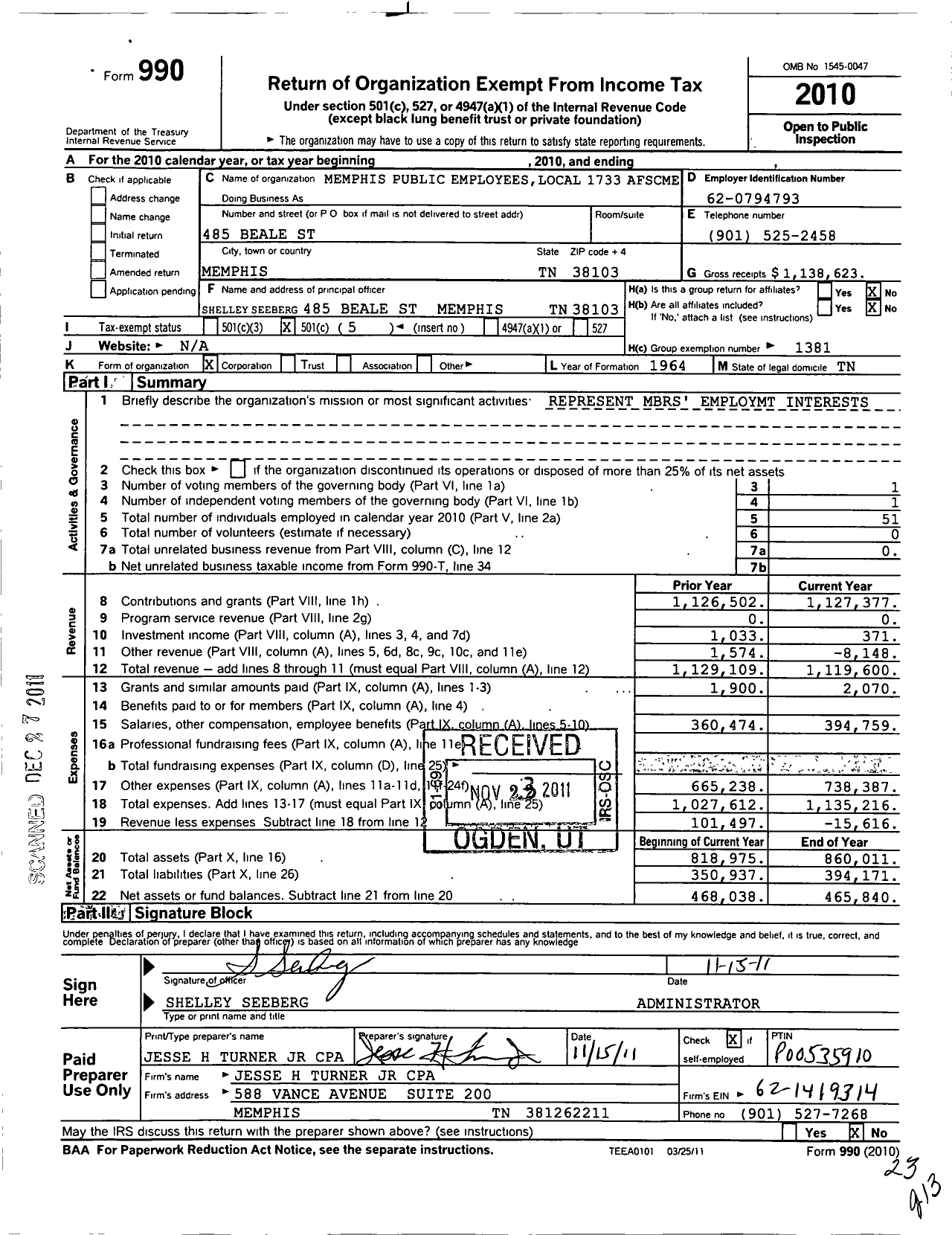 Image of first page of 2010 Form 990O for American Federation of State County & Municipal Employees - 1733 TN Loc Memphis Pub Emps Union