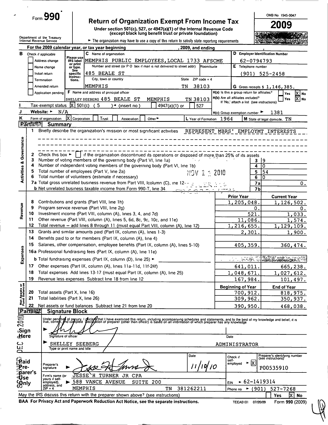 Image of first page of 2009 Form 990O for American Federation of State County & Municipal Employees - 1733 TN Loc Memphis Pub Emps Union