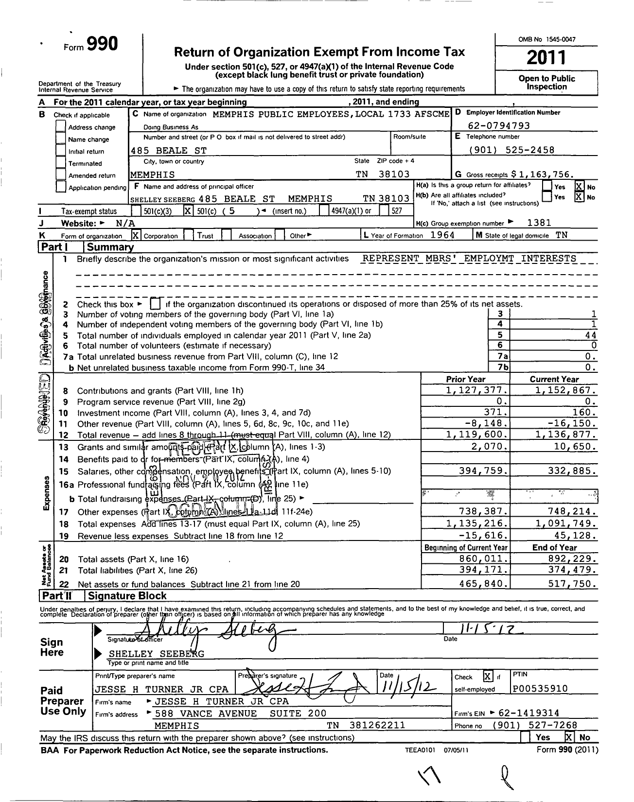 Image of first page of 2011 Form 990O for American Federation of State County & Municipal Employees - 1733 TN Loc Memphis Pub Emps Union