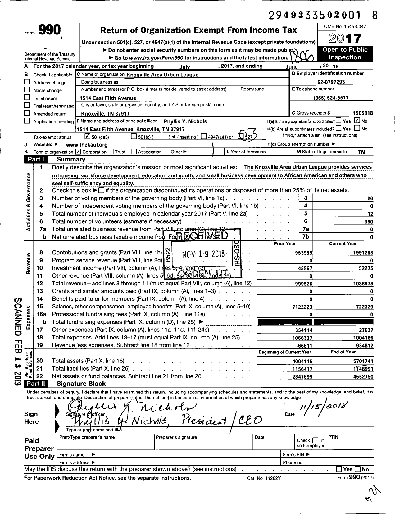 Image of first page of 2017 Form 990 for Knoxville Area Urban League
