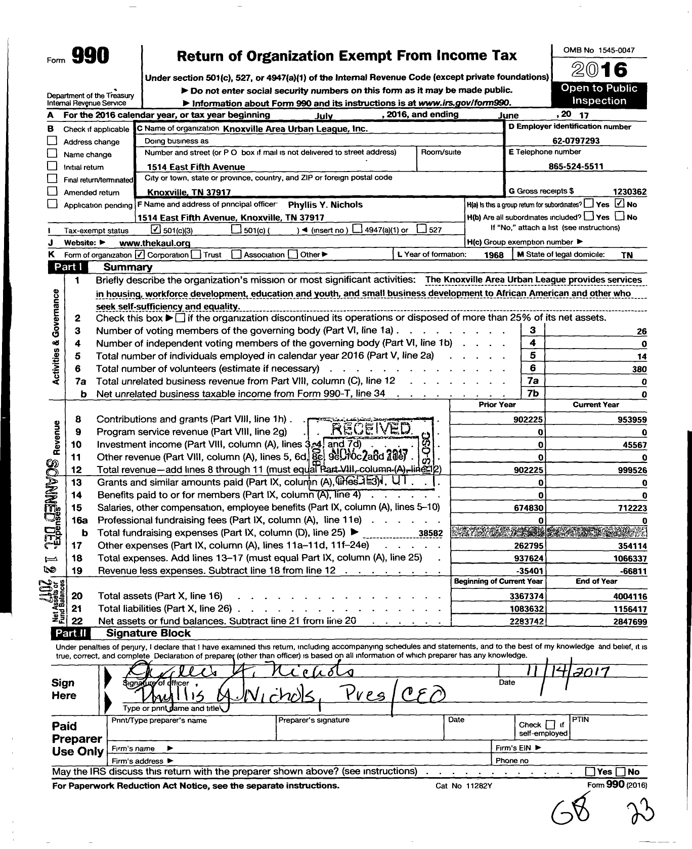 Image of first page of 2016 Form 990 for Knoxville Area Urban League